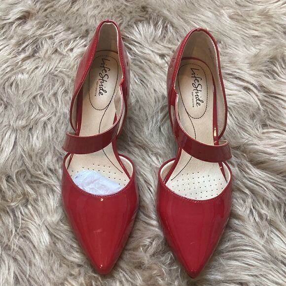 Life Stride Asymmetrical Strap Comfort Insole Pointed Toe Red Suki Pump/heels - Picture 3 of 16